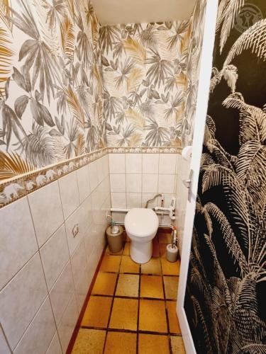 a bathroom with a toilet and a tiled wall at Mon repos bien merite in Eppe-Sauvage