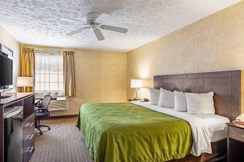 Habitación de hotel con cama con colcha verde en Quality Inn Burkeville Hwy 360 & 460, en Burkeville
