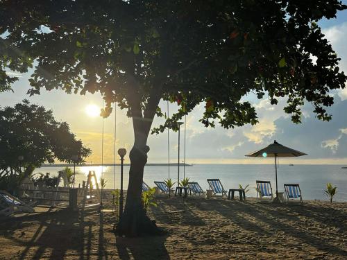 a beach with chairs and an umbrella and a tree at Ban Krut Resort in Ban Krut