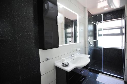 La salle de bains en noir et blanc est pourvue d'un lavabo et d'une douche. dans l'établissement Parchevich Apartment, à Varna
