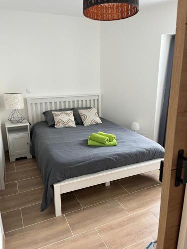 a bedroom with a bed with a green pillow on it at La Maison du pont in La Roche-sur-Yon