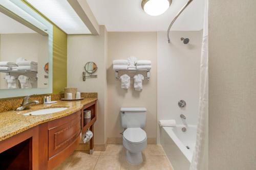 a bathroom with a toilet and a sink and a tub at Comfort Inn Anaheim Resort in Anaheim