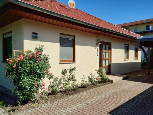 a house with a flowering bush in front of it at Ferienhaus Naehe Kulkwitzer See in Leipzig