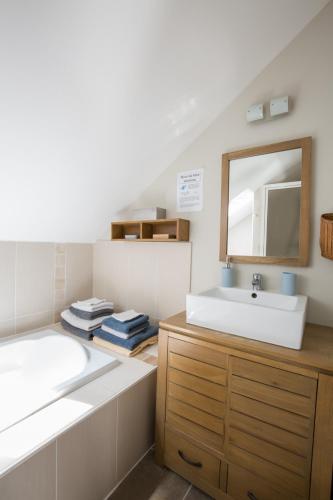 a bathroom with a sink and a mirror at Gîte de Guernevez in Hôpital-Camfrout