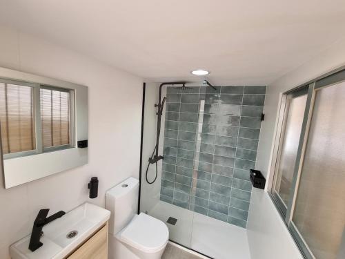 Un baño con ducha, inodoro y lavabo. en La Maison du Port, en Puerto Sagunto