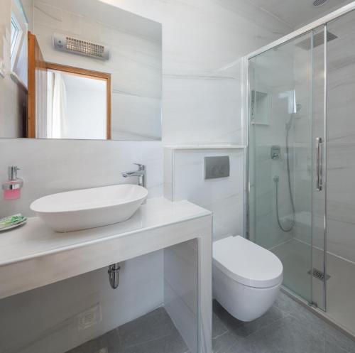 a bathroom with a sink and a toilet and a shower at Villa Rosea in Slatine