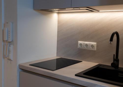 a kitchen with a sink and a stove top oven at Renovated Munich City Center Apartment near Oktoberfest in Munich