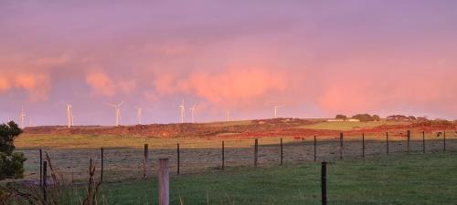 a group of wind turbines on a hill with a fence at Oceans Edge Retreat by Tiny Away in Portland