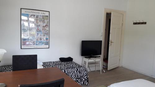 a living room with a table and a tv at bedandshower in Copenhagen