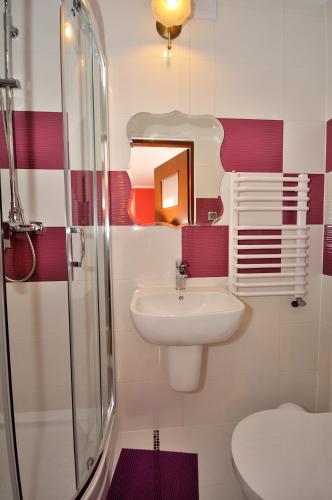 a bathroom with a sink and a shower at DW Dunajecki Gościniec in Biały Dunajec