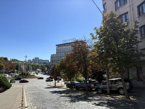 a street with cars parked on the side of a road at Kyiv History Apartment in Kyiv