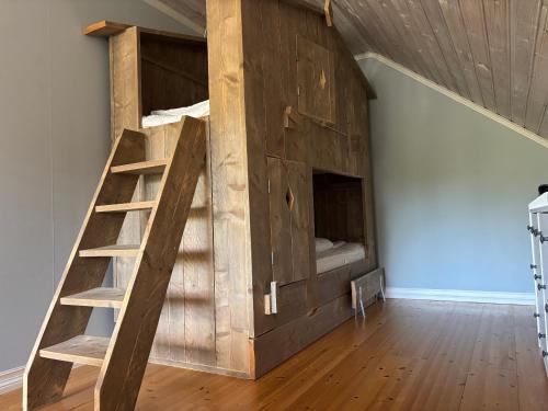 a bunk bed in a room with a ladder at Villa Seeblick in Sjunnamåla