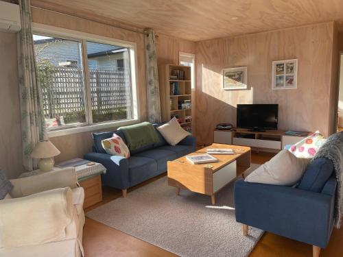 a living room with two blue couches and a tv at Honey Cottage - a cosy cottage in idyllic Tasman Region in Tasman