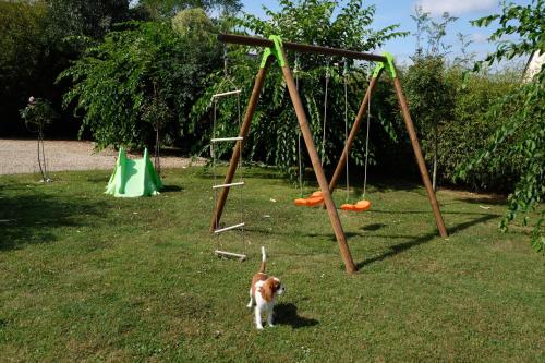 a dog standing in front of a swing set at Au Jardin de Creachavel in Cléder