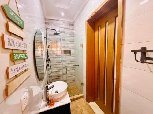 a bathroom with a toilet and a sink and a mirror at Geodetic Apartment in Lagos