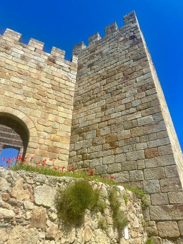 a large brick wall with flowers on top of it at Casa do Castelo in Belver