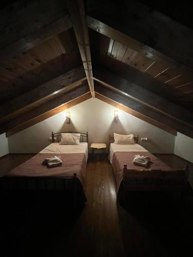 a room with two beds in a attic at The stone Mansion of 1887 