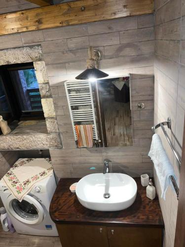 a bathroom with a sink and a washing machine at The stone Mansion of 1887 