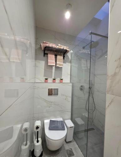 a white bathroom with a toilet and a shower at Kos central vibes - Casa Vasilis in Kos
