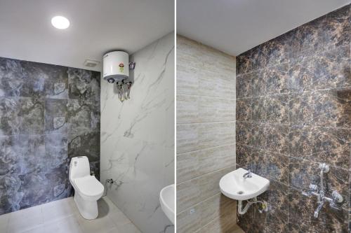 two pictures of a bathroom with a toilet and a sink at Hotel O Sky Hotel in Rohtak