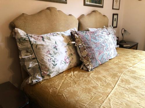a bed with two pillows on top of it at Una casa ospitale con giardino in Castel SantʼAngelo