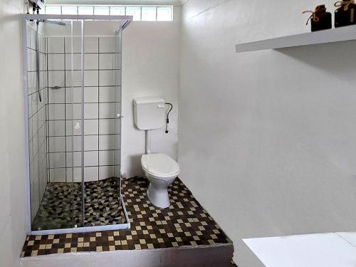 a bathroom with a shower with a toilet in it at Old Posthouse Guest Accommodation in Ladismith