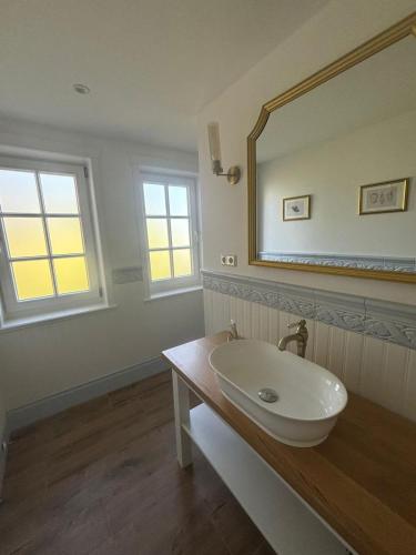a bathroom with a sink and a mirror at Nebel-s-Hues-Eg in Nebel