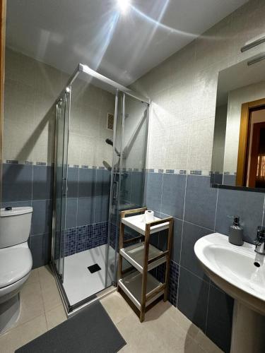 a bathroom with a shower and a toilet and a sink at Vacaciones en primera línea in El Borseral