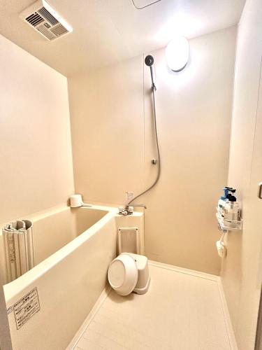 a small bathroom with a toilet and a shower at Secret Base Mysa シークレットベース ミーサ 星の街399 in Tsumagoi