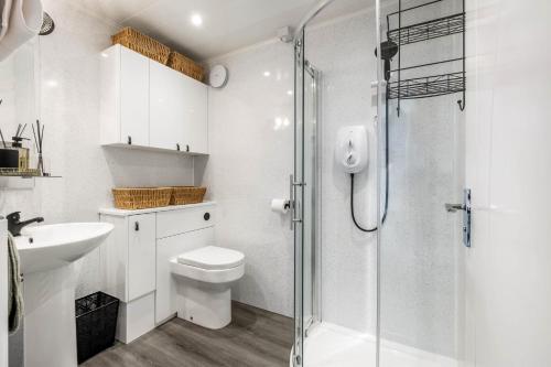 a bathroom with a shower and a toilet and a sink at 5 South Street in Arbroath
