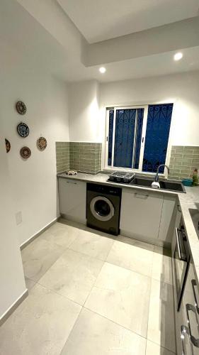 a kitchen with a sink and a washing machine at Sofia House sidi bou said in Sidi Bou Saïd