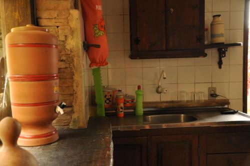 eine Küchentheke mit einer Spüle und einem Behälter in der Unterkunft Chalé de Pedra - Hospedaria in São Thomé das Letras