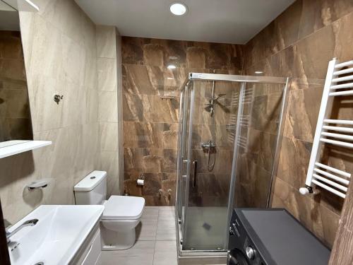 a bathroom with a shower and a toilet and a sink at Bakuriani, Trialeti Residence in Bakuriani