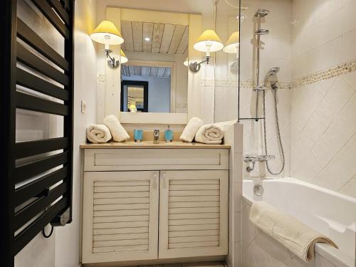 a bathroom with a sink and a shower and a tub at L'Appart du Lac, Plage Privée in Duingt