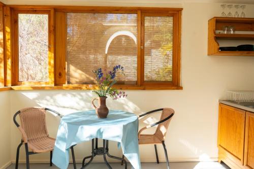 a table with a vase of flowers on it in a kitchen at El jardín secreto Pisco Elqui in Pisco Elqui