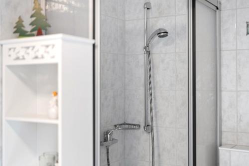 a shower with a glass door in a bathroom at Ruhbauernhof in Kirchzarten