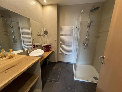 a bathroom with a shower and a sink and a tub at Schlossalm Appartement in Bad Hofgastein
