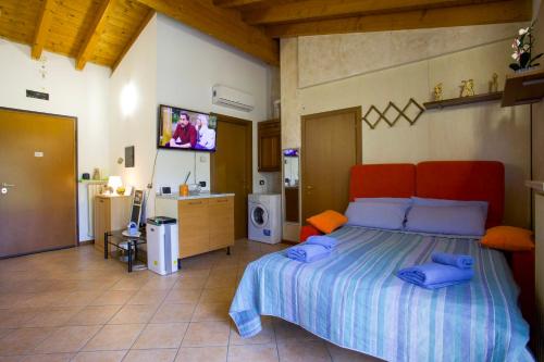 a bedroom with a large bed with a tv on the wall at Fiordaliso in Montichiari