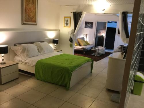 een slaapkamer met een bed met een groene deken erop bij Le gîte les haut de la Marina in Basse-Terre