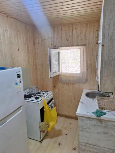 a small kitchen with a stove and a sink at საოჯახო სასტუმრო,,ოდა ხიხანთან'' 