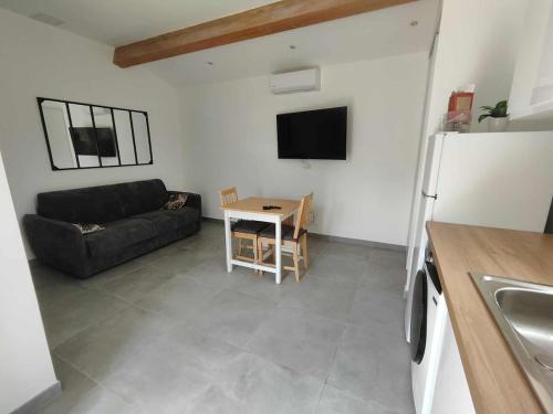 a living room with a couch and a table at Studio Saint Maximin la Sainte baume in Saint-Maximin-la-Sainte-Baume