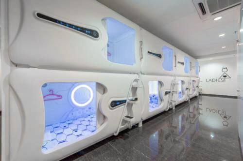 a row of medical equipment in an airplane at Capsule inn CI enterprise in Kota Kinabalu