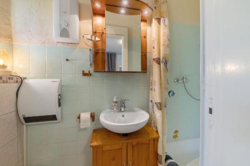 a bathroom with a sink and a mirror and a shower at Im Vital Art Naturgarten in Zweibrücken