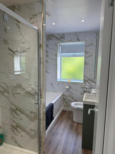 a bathroom with a shower and a toilet and a window at Nest in Northumberland in Blythe