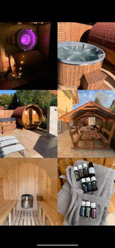 a collage of photos of a table with bottles of wine at Molnár Apartman Zamárdi in Zamárdi