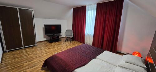 a hotel room with a bed and a television at Rubin in Sovata
