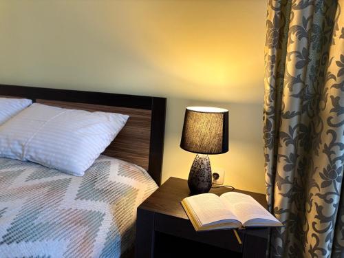 a bedroom with a bed with a lamp and an open book at VerhHouse in Yaremche