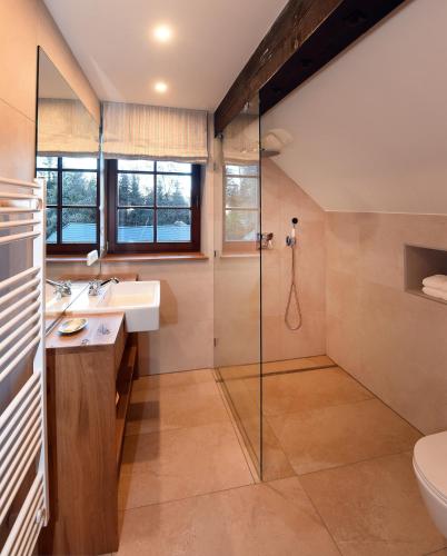 a bathroom with a shower and a sink and a toilet at Forsthaus Gradisch in Feldkirchen in Kärnten