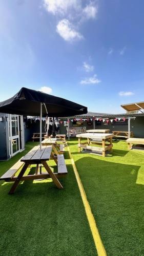 a picnic table with an umbrella on top of grass at Shanahans B&B with Sports Bar in Birmingham