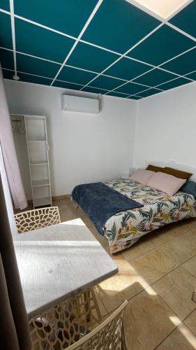 a bedroom with a bed and a blue ceiling at Studio au bord de la Rivière in Florentin-la-Capelle